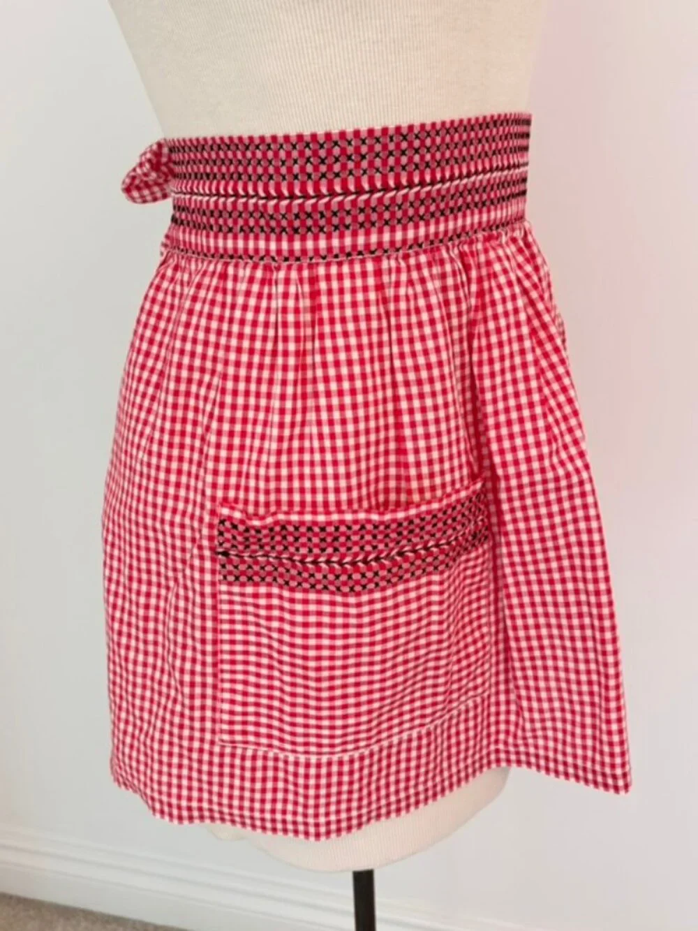Vintage red and white gingham waist apron with cross stitch